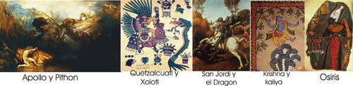 Mythological Battles: Quetzalcoatl, Apollo and Python, Krishna and Kaliya, Osiris and Typhon, Michael and the Red Dragon, Saint George and The Dragon;